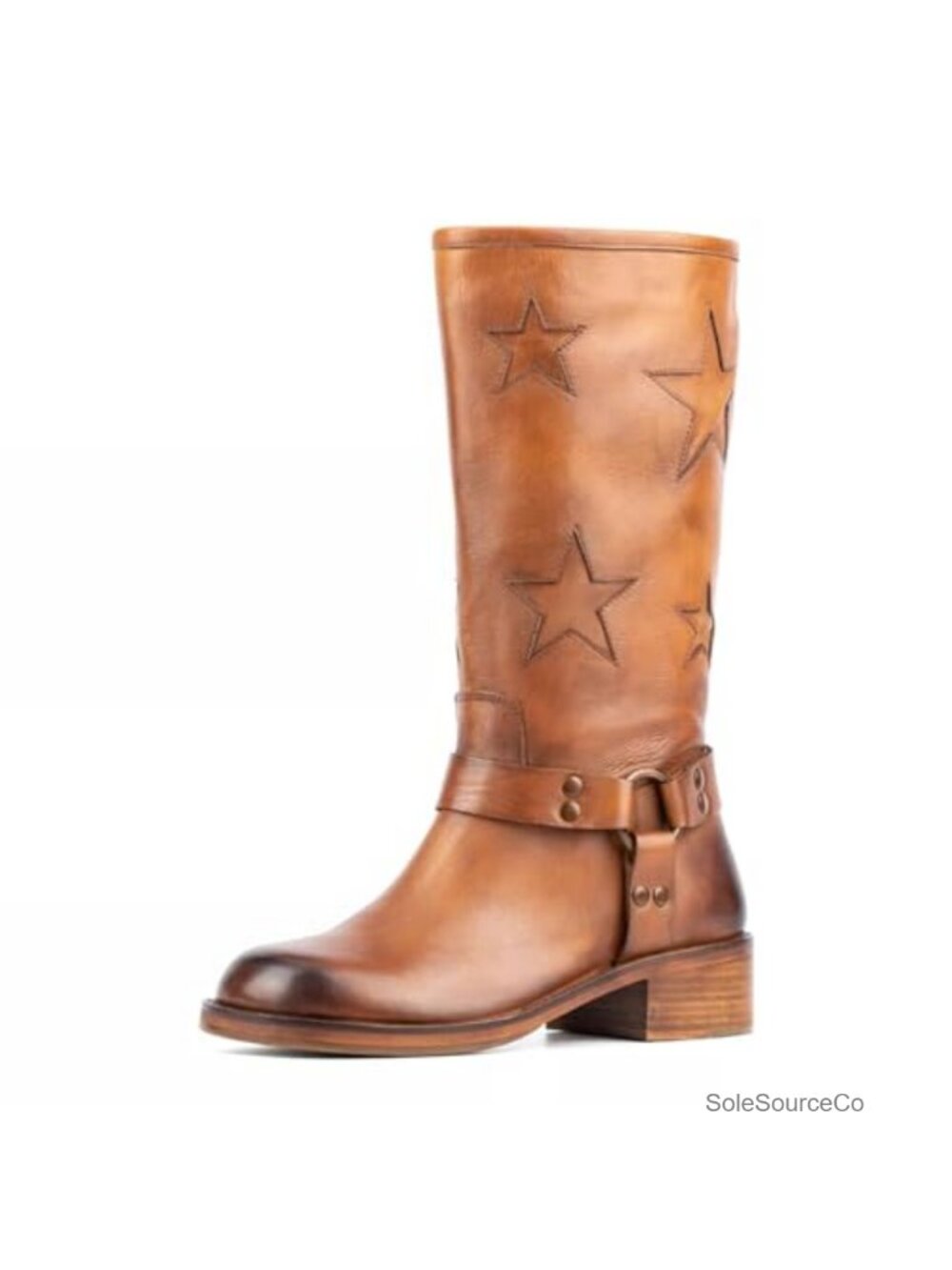 Women's Square Toe Chunky Heel Mid-Calf Biker Boots Multi-Buckle Harness